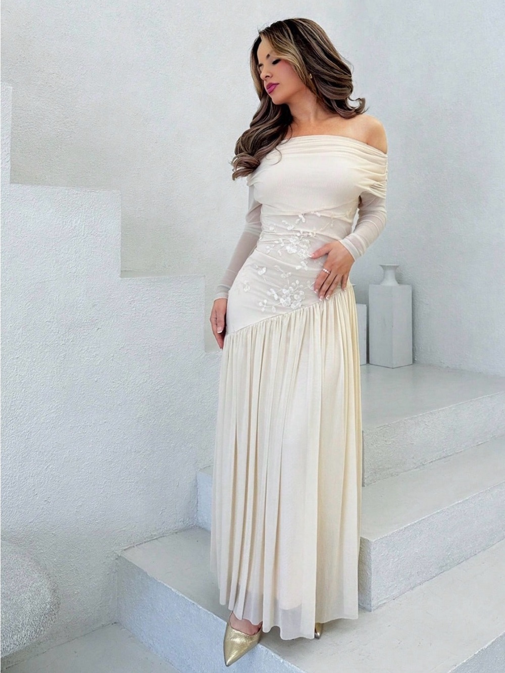 SHEIN Strapless Off-Shoulder Long Cream Dress